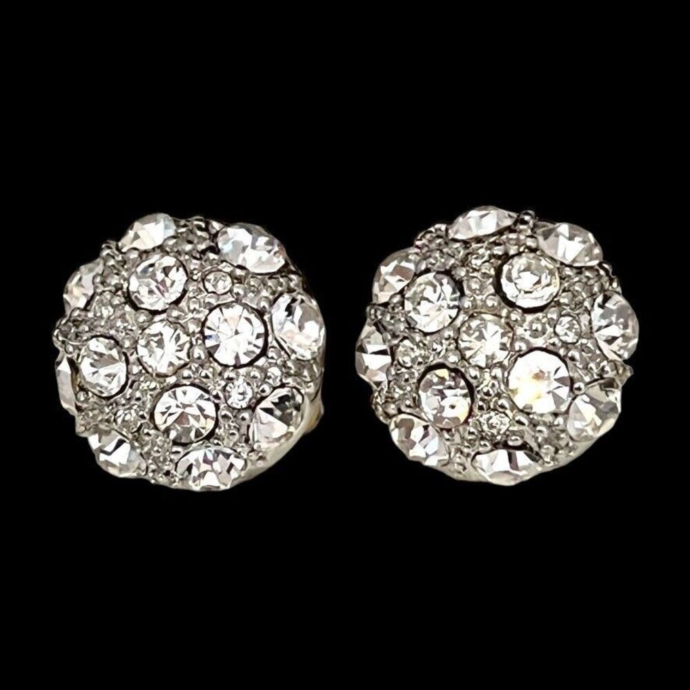 Vintage 1980s Crystal Statement Earrings Cluster Clip On Silver Tone Dome - 3B